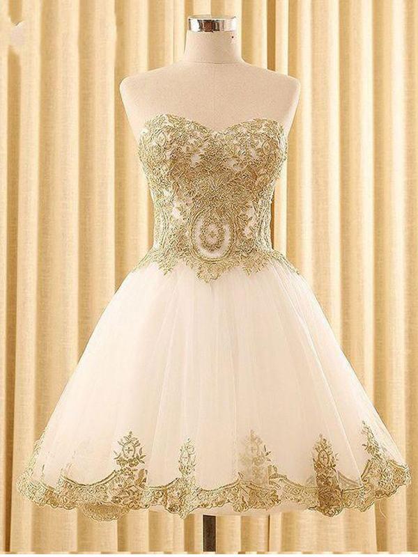Sweetheart Gold Lace White Tulle Short ...